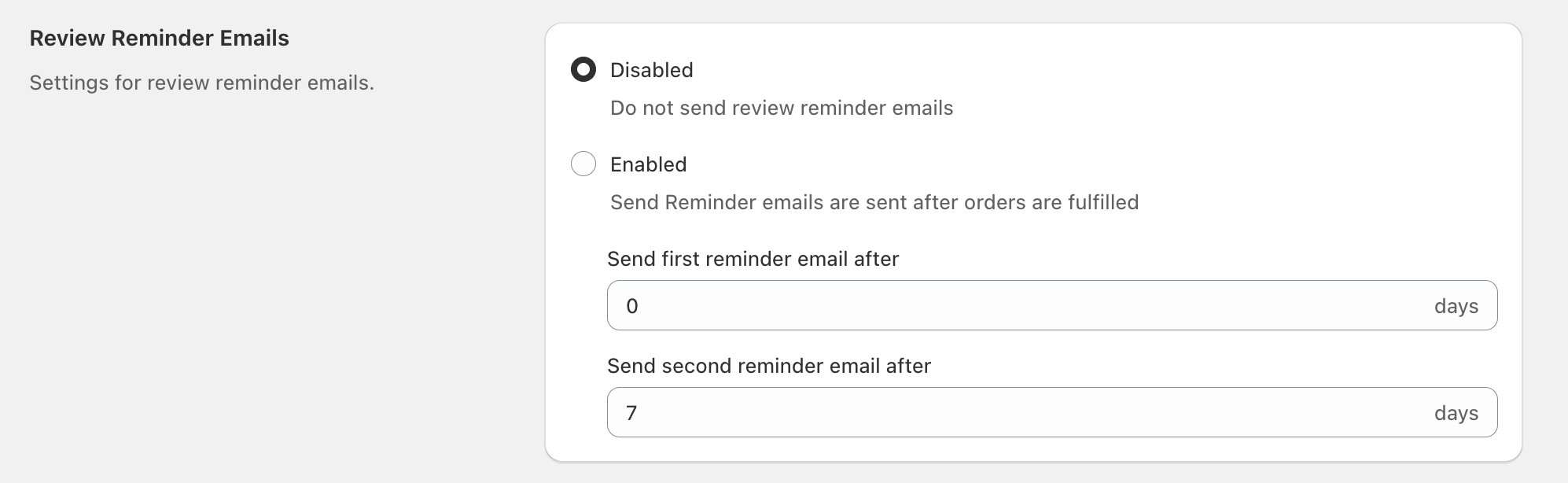 Review Reminder Emails settings showing Disabled/Enabled and fields for first and second reminder delay in days