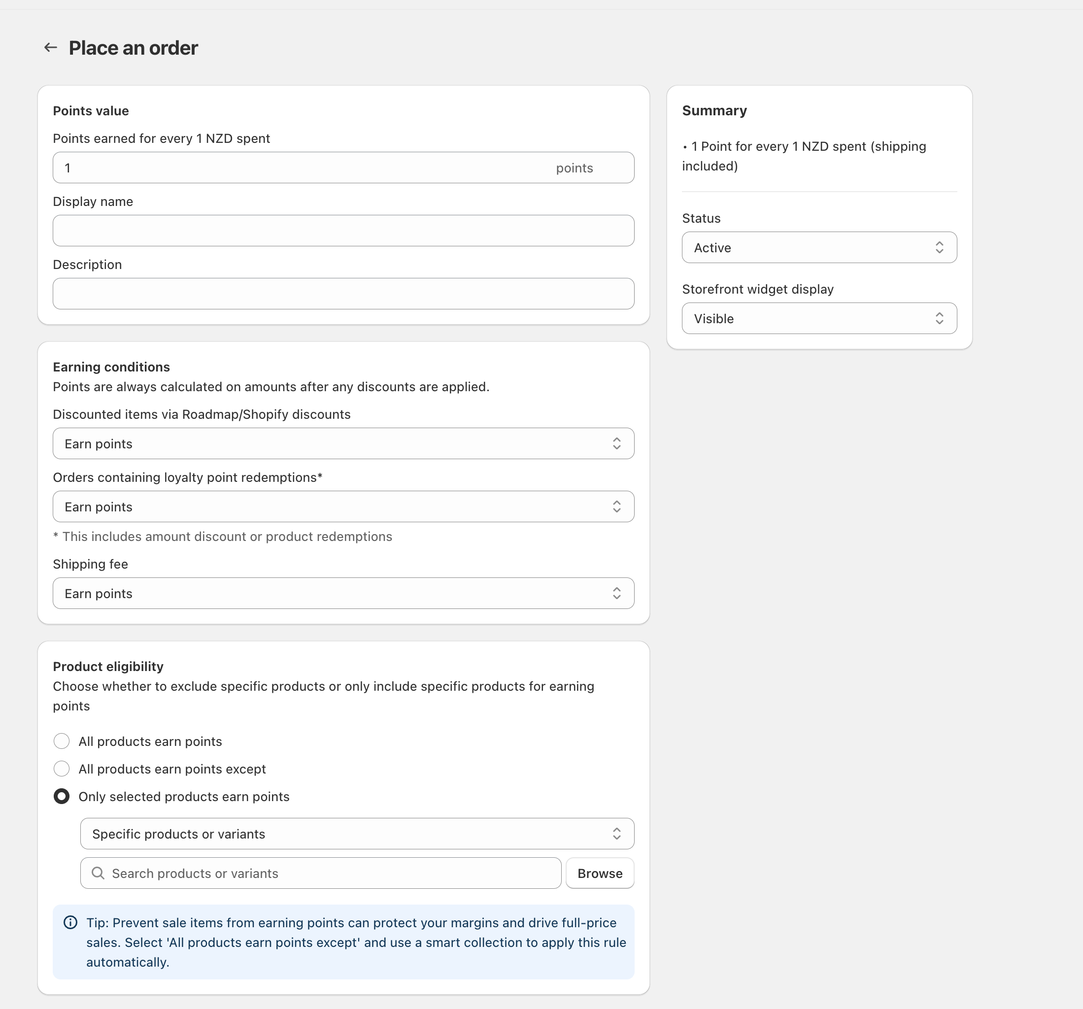Place an order rule showing Earning conditions and Product eligibility