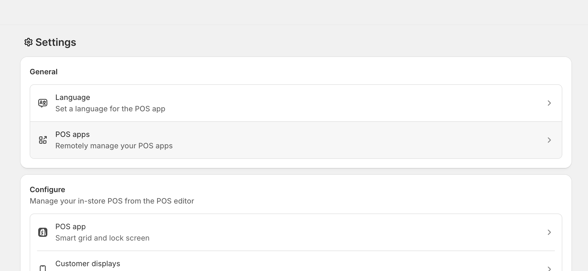 Shopify Settings screen showing POS configuration areas including POS apps and POS app