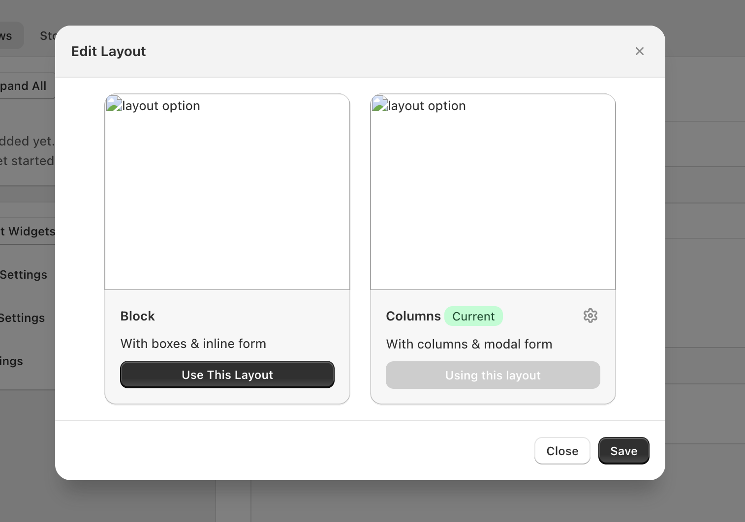 Edit Layout modal with Block and Columns layout options and Save button