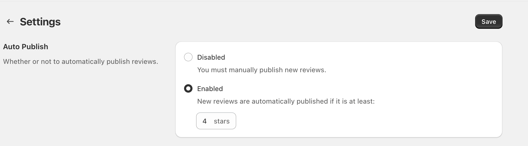 Settings page showing Auto Publish options (Disabled/Enabled) and a star threshold selector