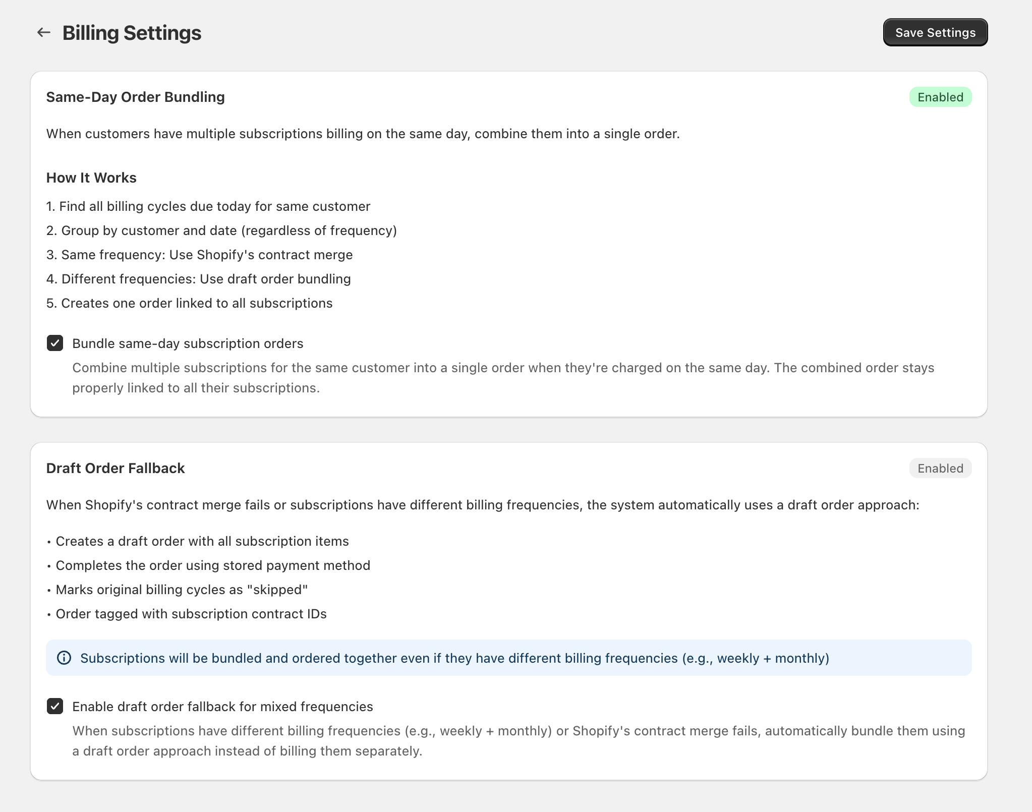Billing Settings showing Same-Day Order Bundling and Draft Order Fallback toggles