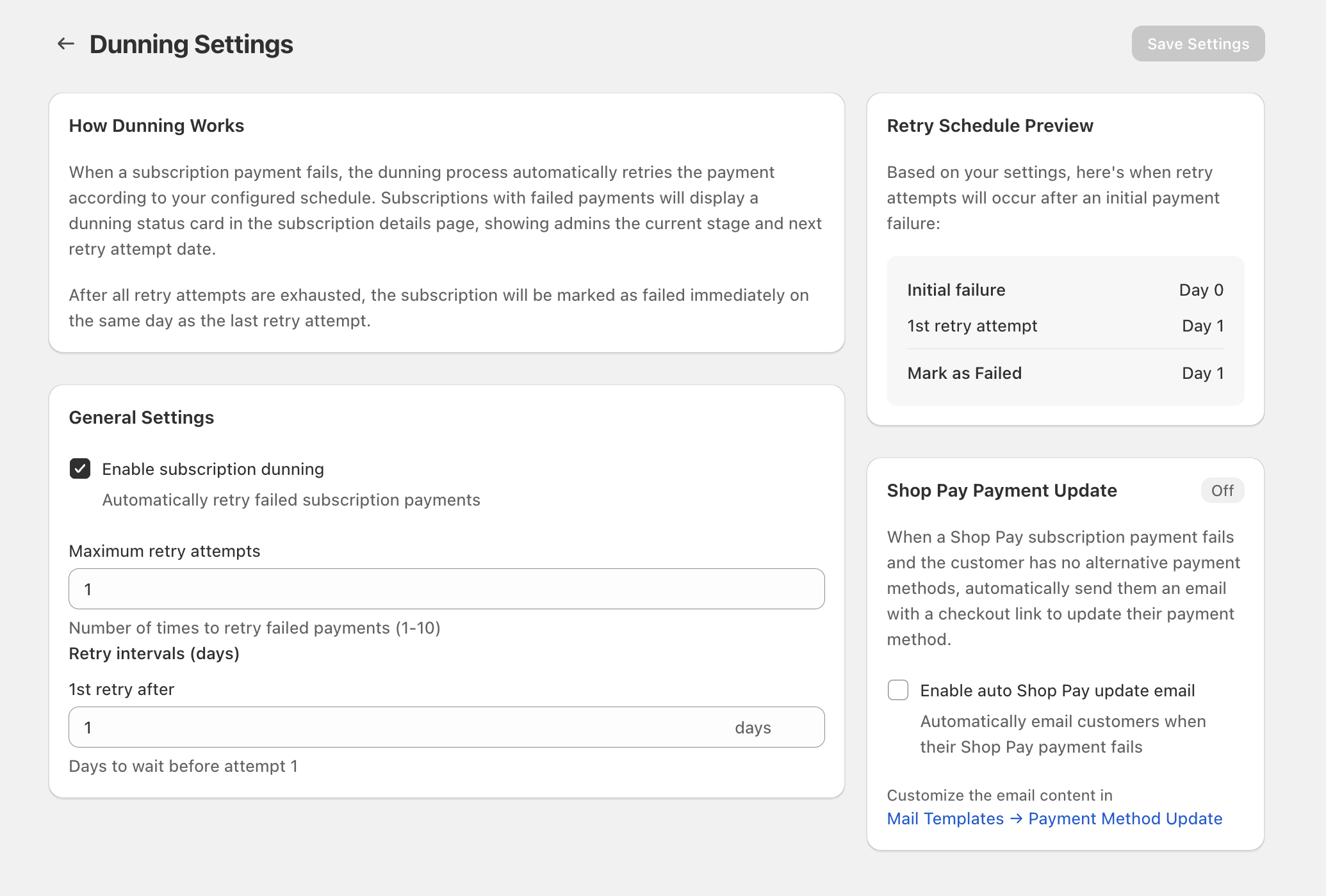 Dunning Settings screen showing Enable subscription dunning, retry intervals, retry schedule preview, and Shop Pay payment update options