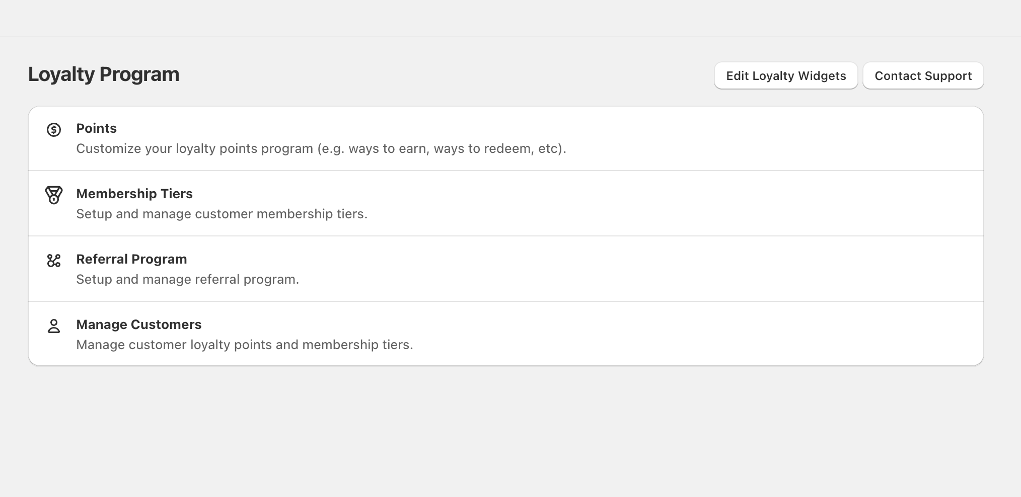 Loyalty Program screen showing Points, Membership Tiers, Referral Program, and Manage Customers