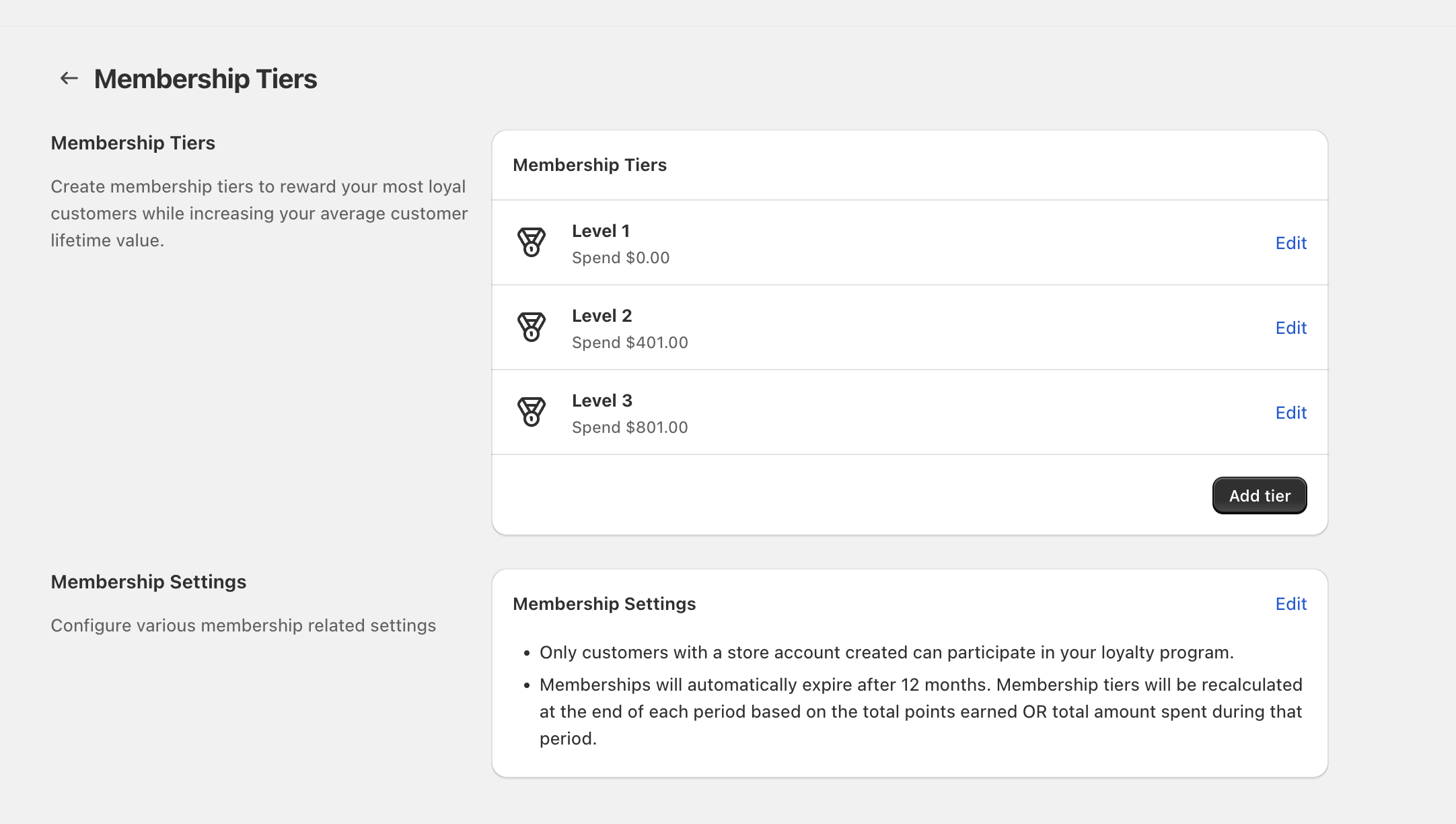 Membership Tiers screen showing Level 1/2/3 rows with Edit links, Add tier button, and Membership Settings panel