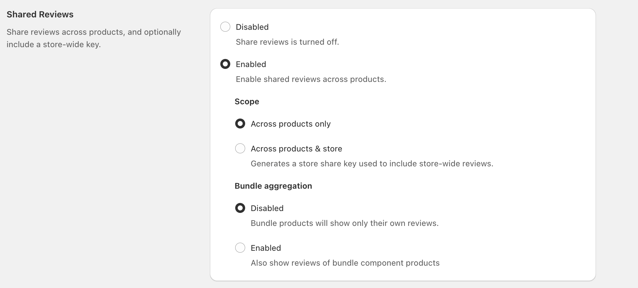 Shared Reviews settings showing Enabled/Disabled, Scope options, and Bundle aggregation