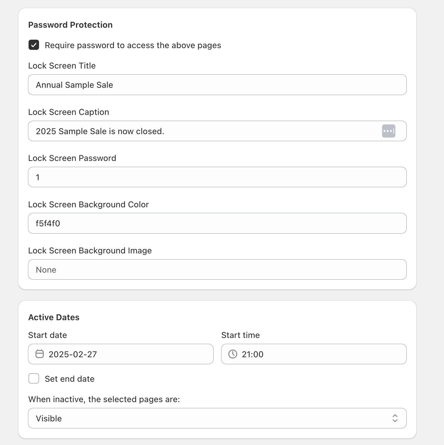 Password Protection section showing the Require password checkbox and fields for lock screen title, caption, password, background color, and background image