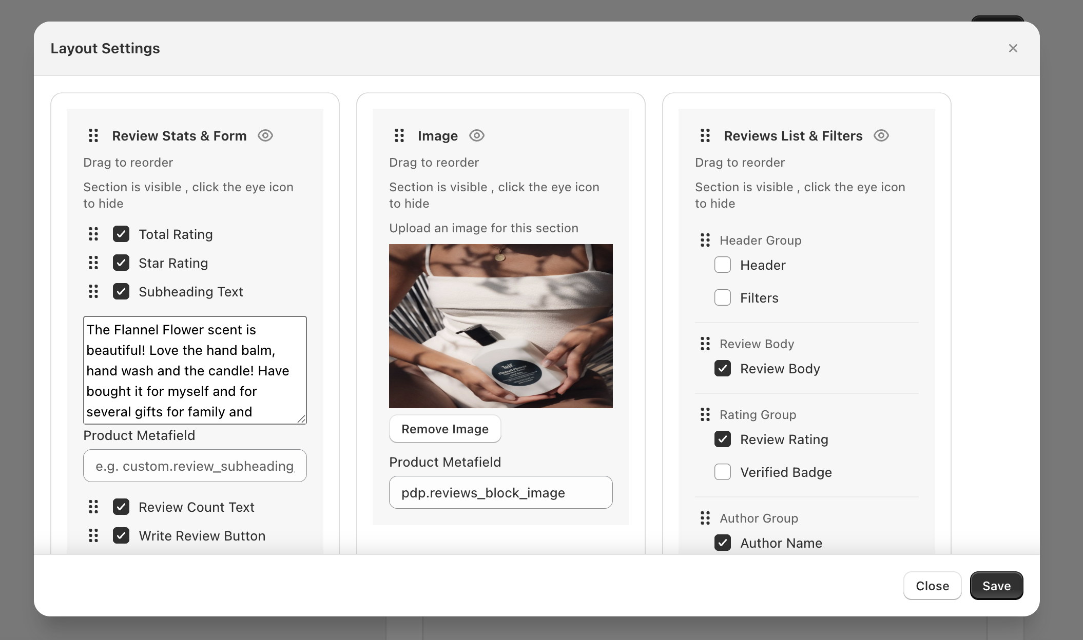 Layout Settings showing draggable sections, eye icons, checkboxes, and Product Metafield fields