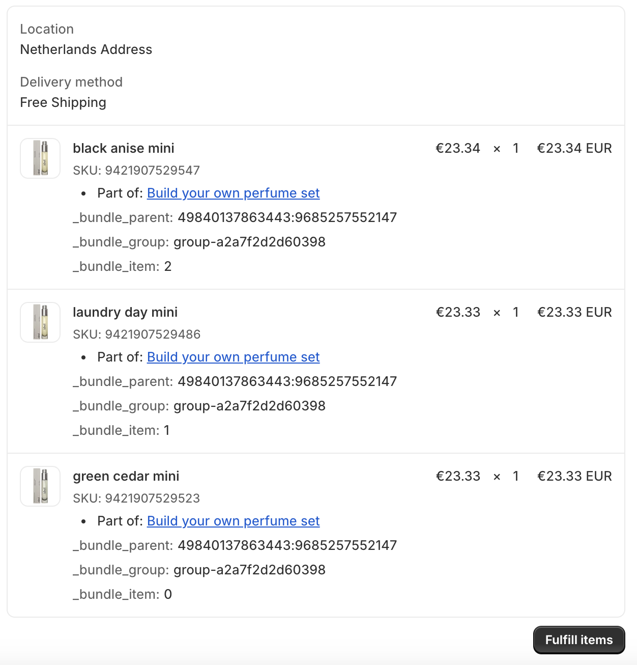 Shopify order showing multiple SKUs with a line item note that each product is part of a named bundle
