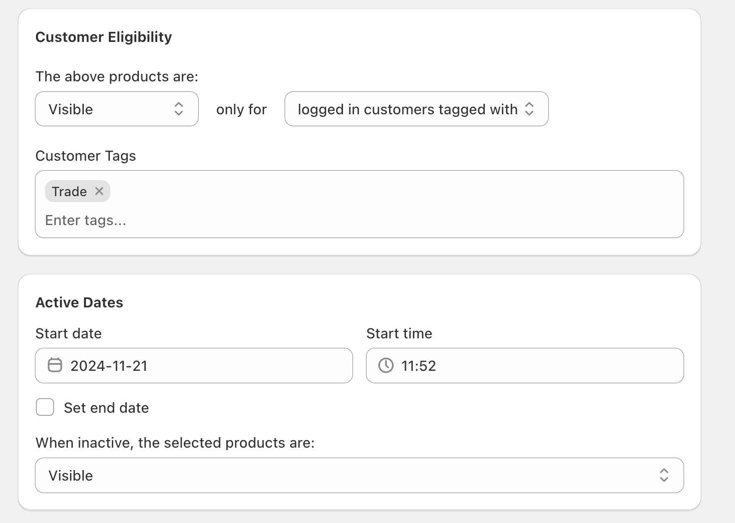 Secret Product configuration showing Tag name, Applies to set to Specific collections, a Select collections field with Browse button, and Status