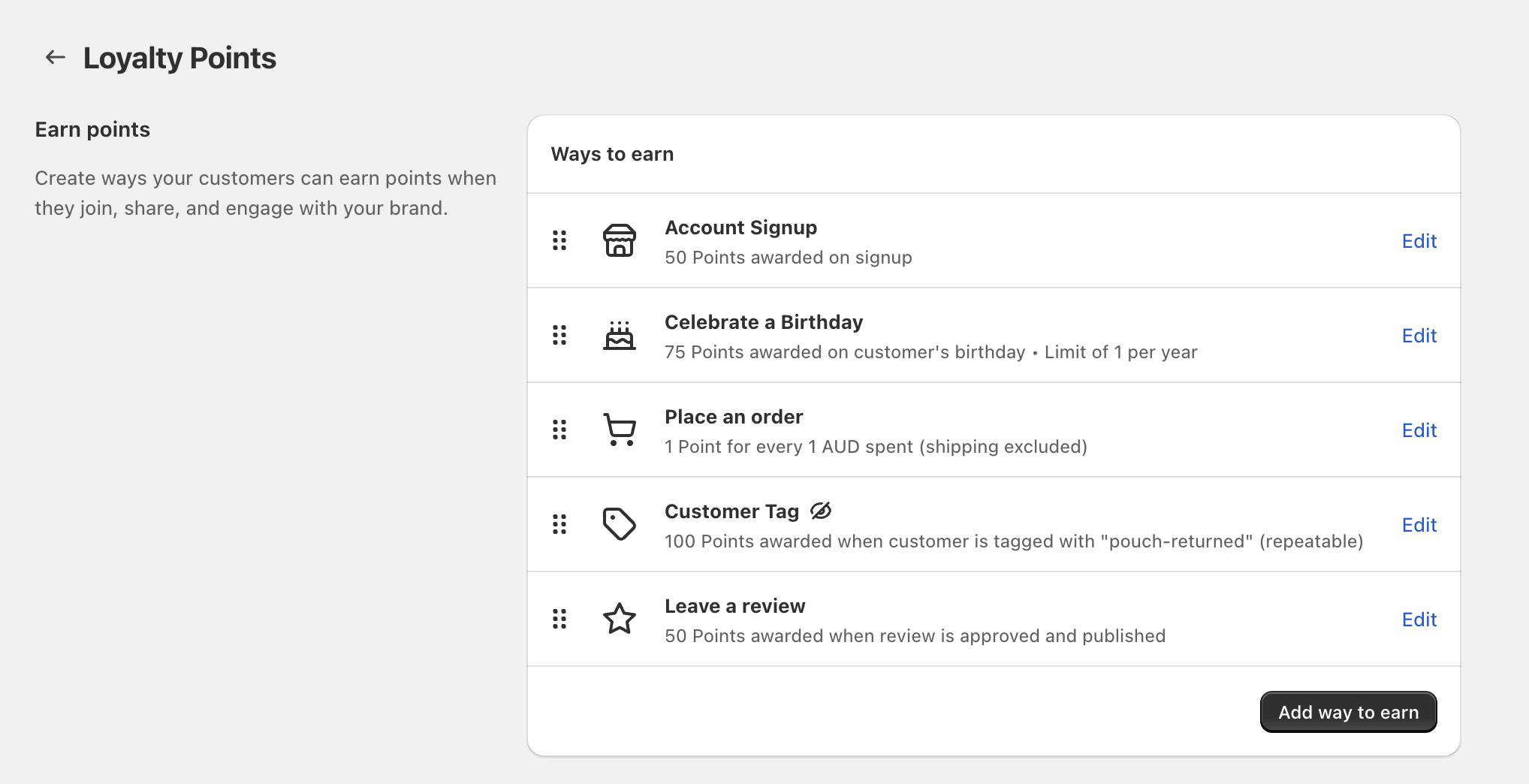 Loyalty Points page showing Ways to earn and the Add way to earn button