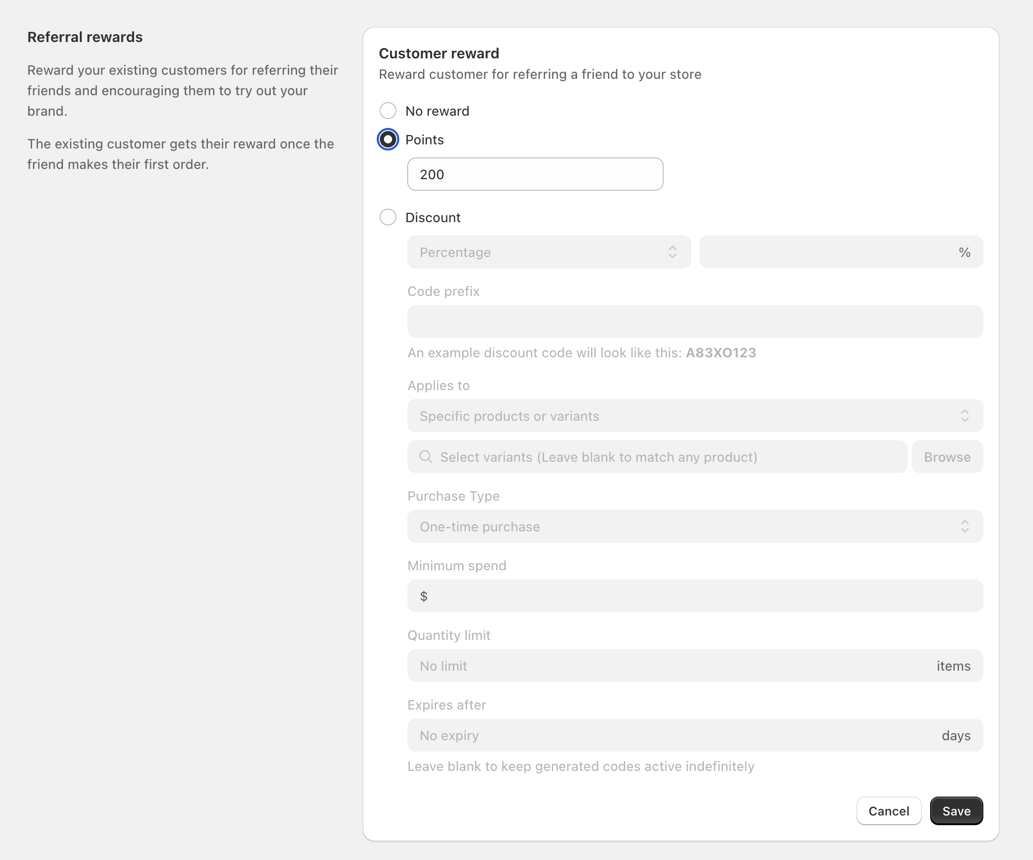 Customer reward edit panel with options for No reward, Points, or Discount and discount rule fields