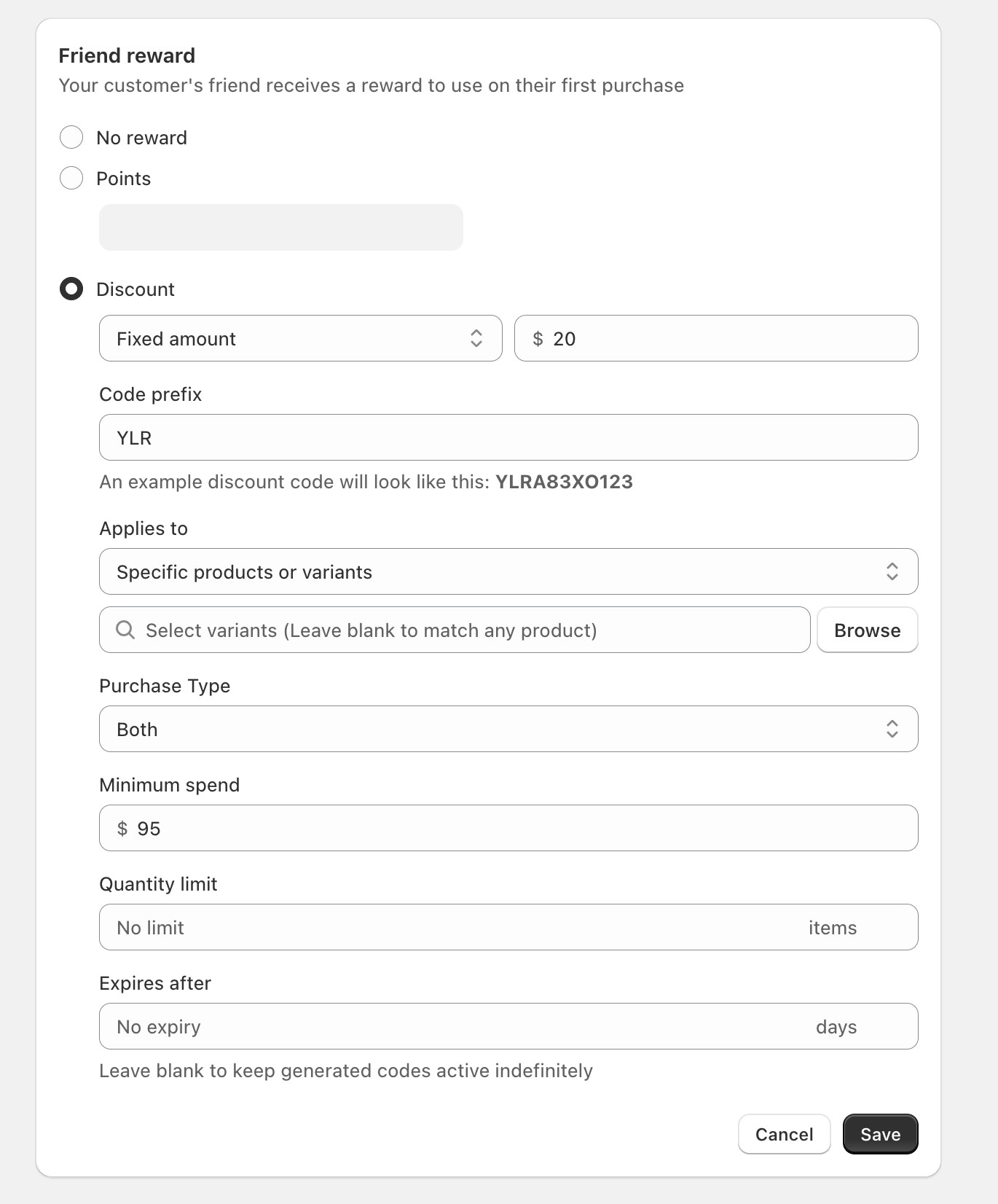 Friend reward edit panel showing Discount settings including Code prefix, Applies to, Purchase Type, Minimum spend, Quantity limit, and Expires after