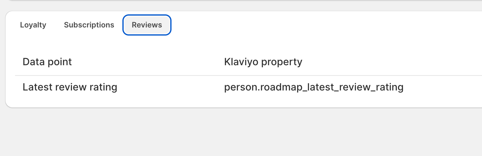 Roadmap Klaviyo properties table showing Reviews tab and Latest review rating property