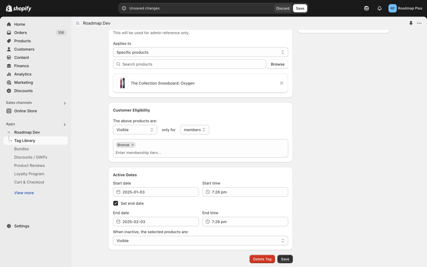 Tag Library tag editor showing Active Dates with Start date/time, Set end date checkbox, End date/time, and the When inactive dropdown
