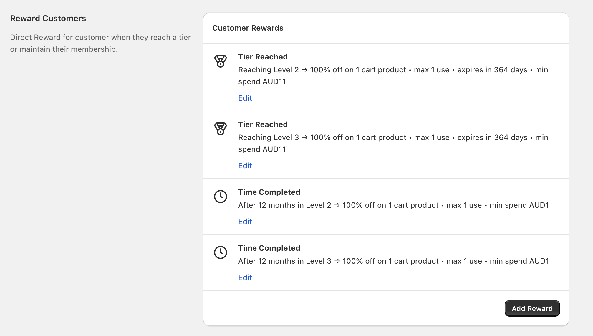 Customer Rewards list showing Tier Reached and Time Completed rewards with an Add Reward button