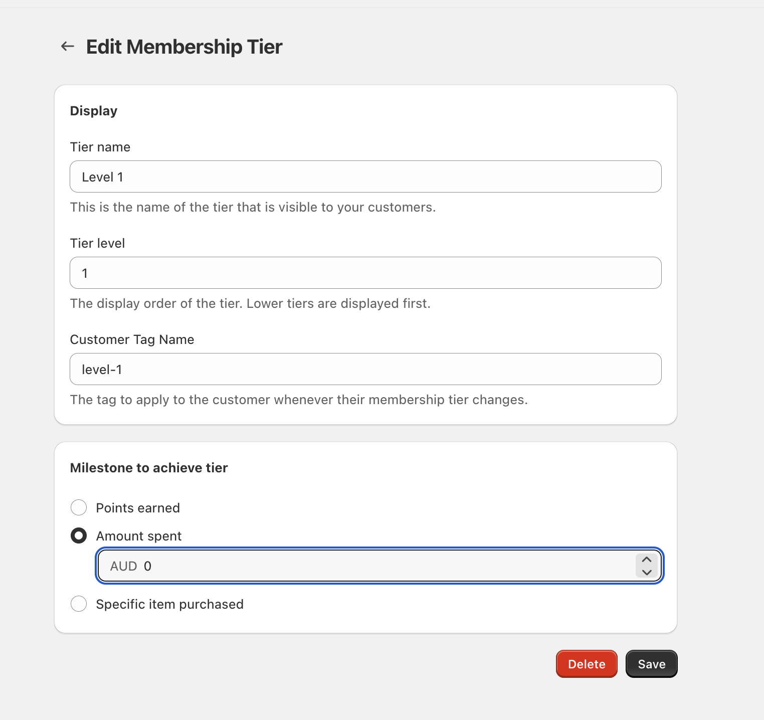 Edit Membership Tier screen showing Tier name, Tier level, Customer Tag Name, milestone options, and Save/Delete buttons