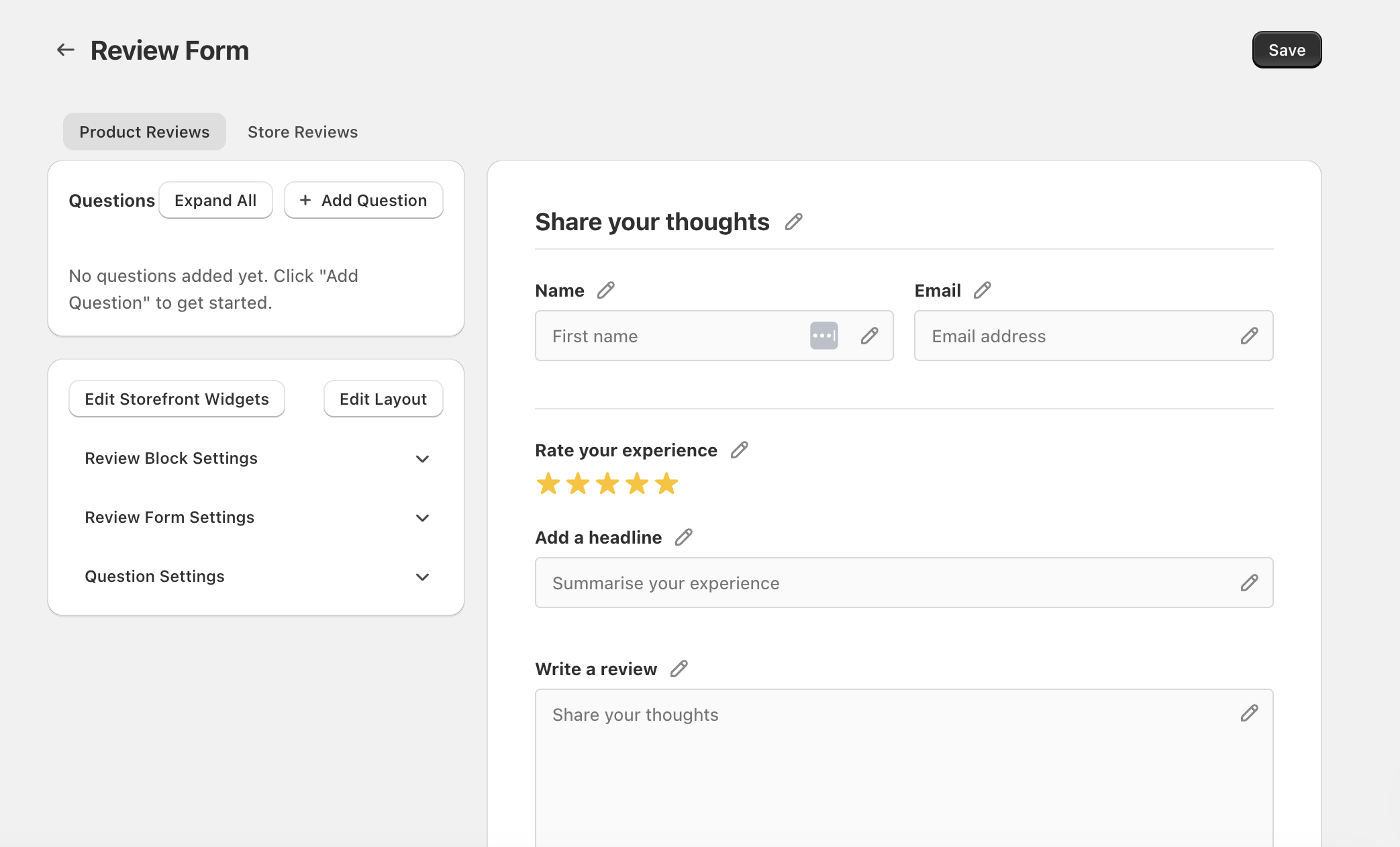 Review Form editor showing Product Reviews tab, Edit Storefront Widgets, Edit Layout, and settings sections