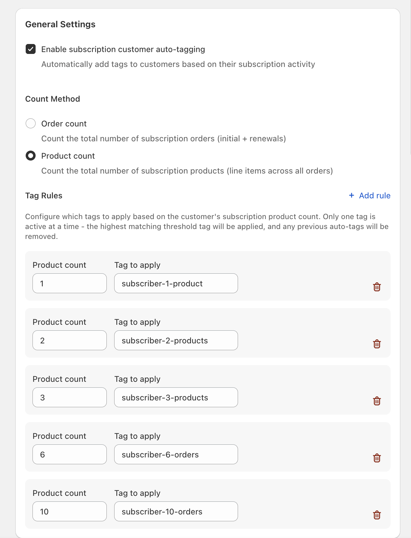 Tag Rules section showing multiple product count thresholds with corresponding tags to apply and an Add rule link