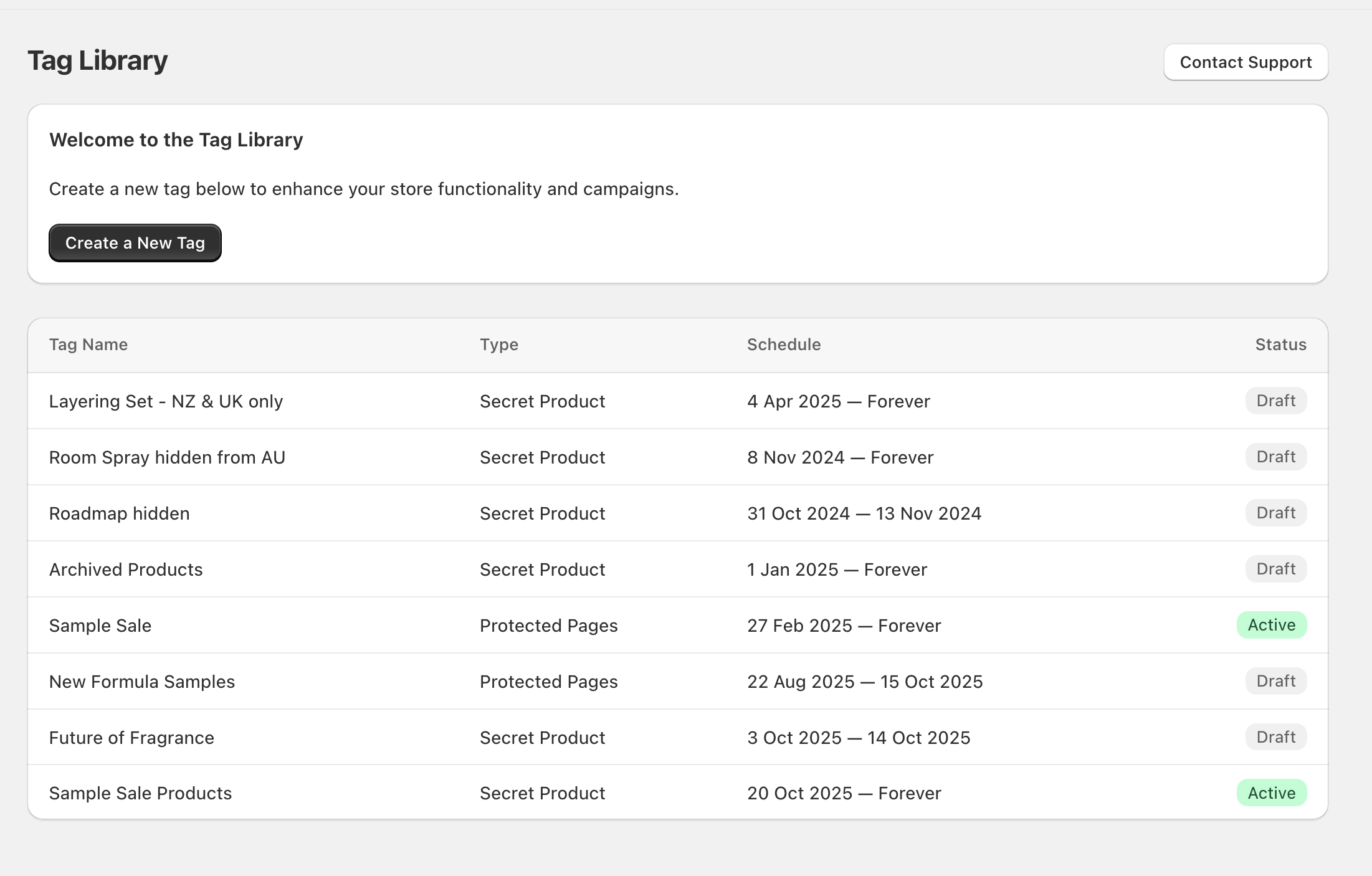 Tag Library home screen showing the Create a New Tag button and a list of tags with columns Tag Name, Type, Schedule, and Status