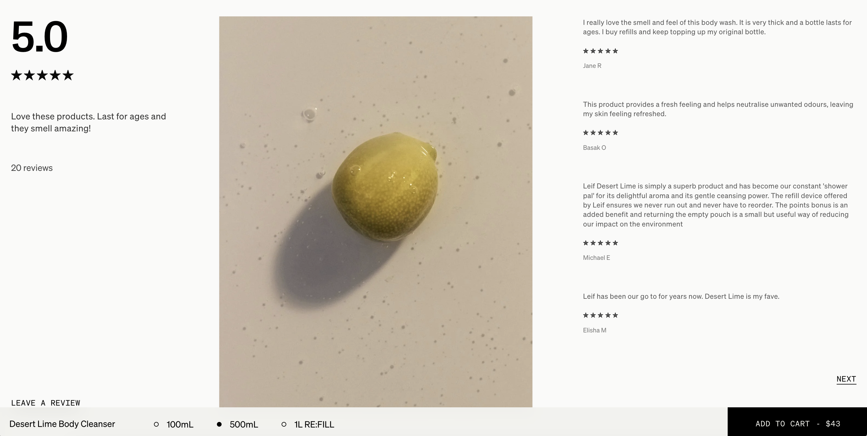 Example of a customised review widget layout with rating summary, large image, and review list