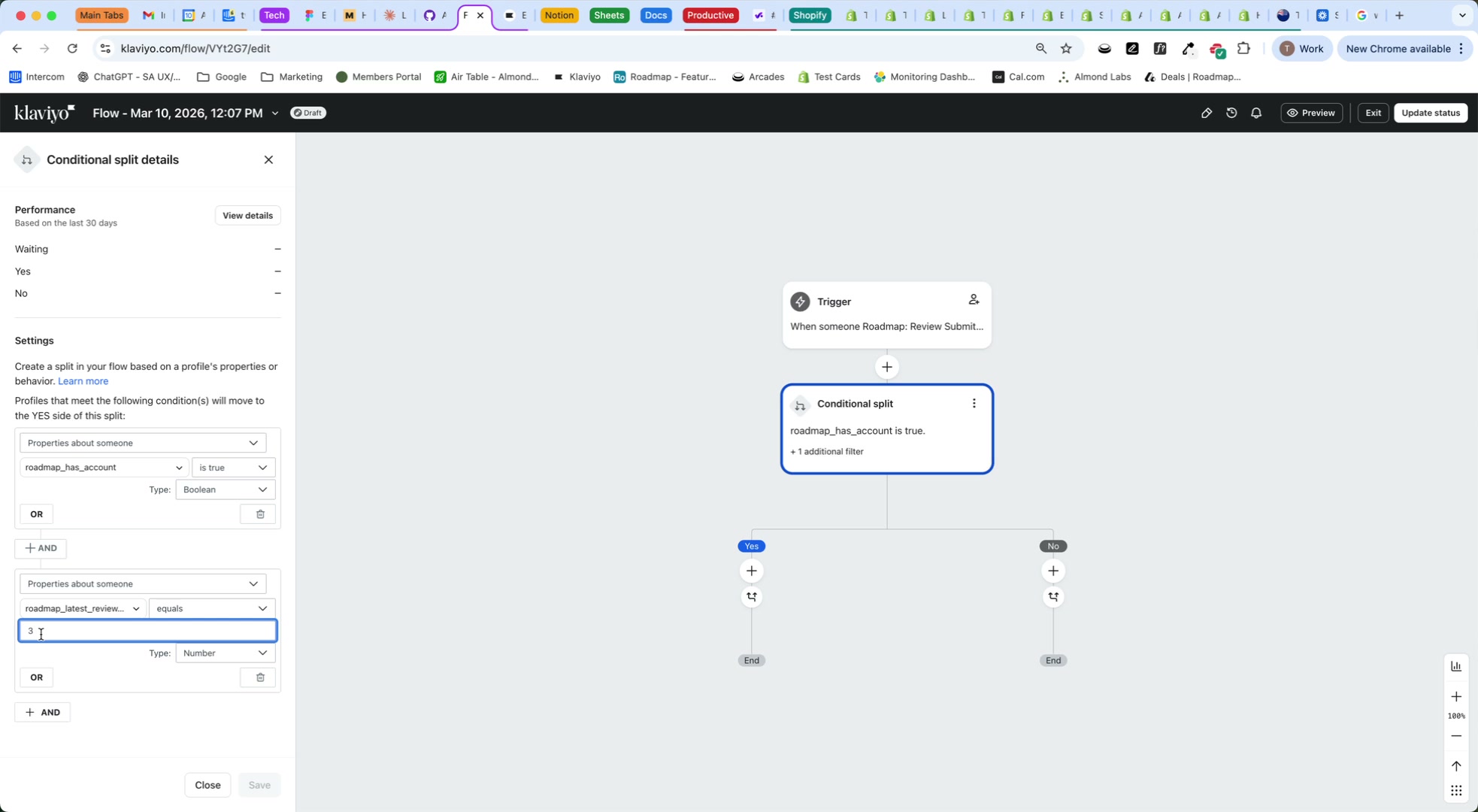 Conditional split settings in Klaviyo configuring roadmap_latest_review_rating