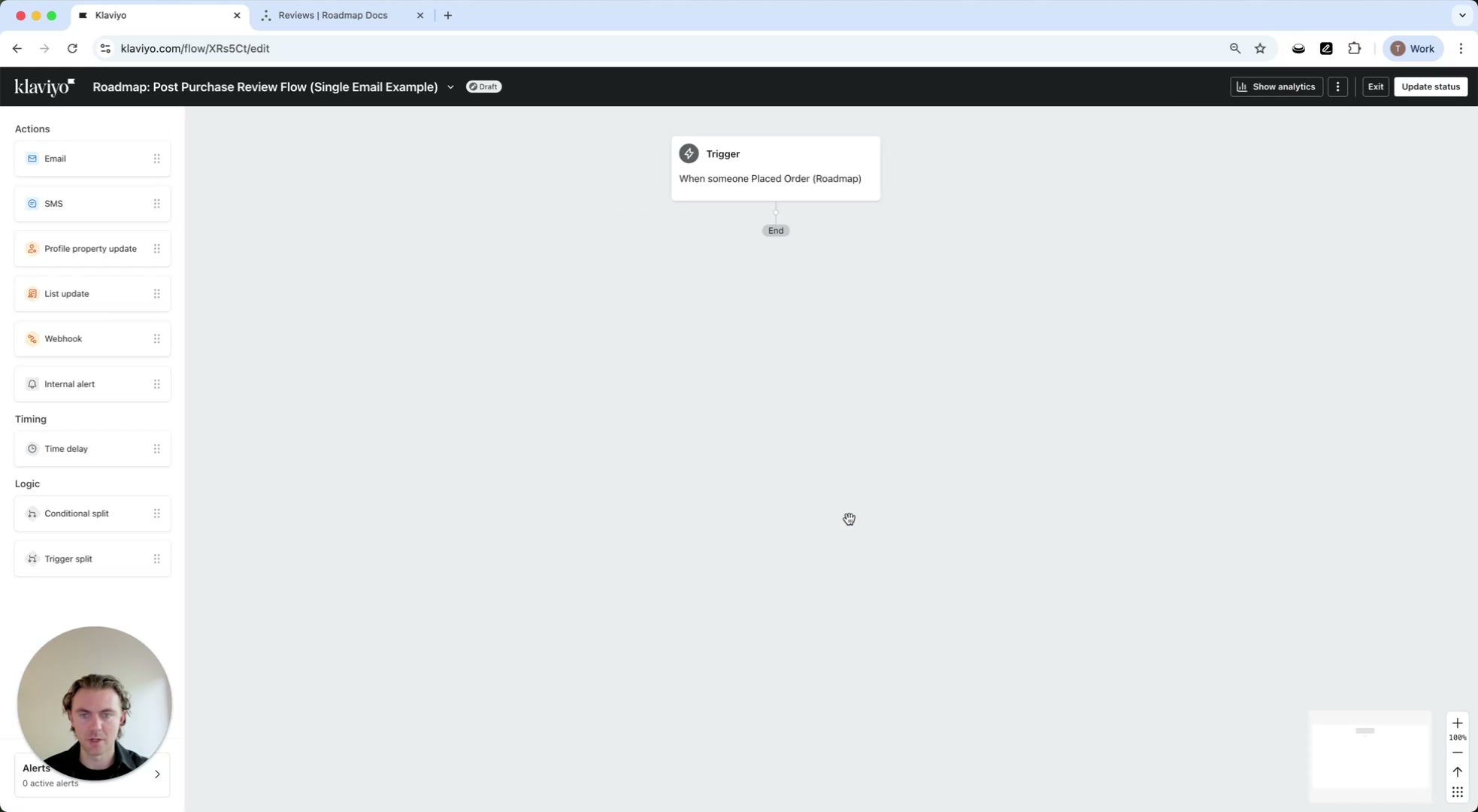 Flow builder canvas with trigger set to When someone Placed Order (Roadmap)