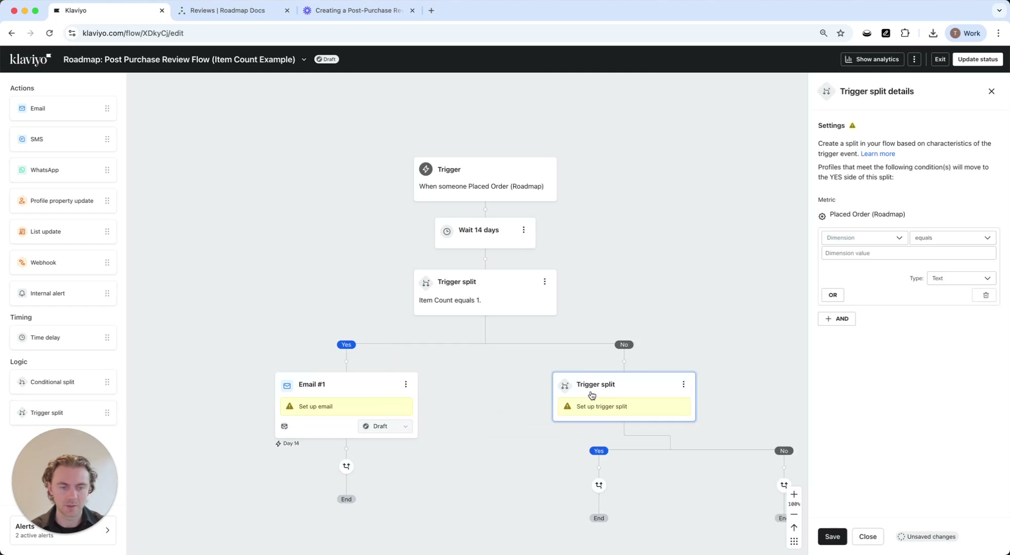 Flow canvas showing multiple trigger splits and Email steps for different item counts