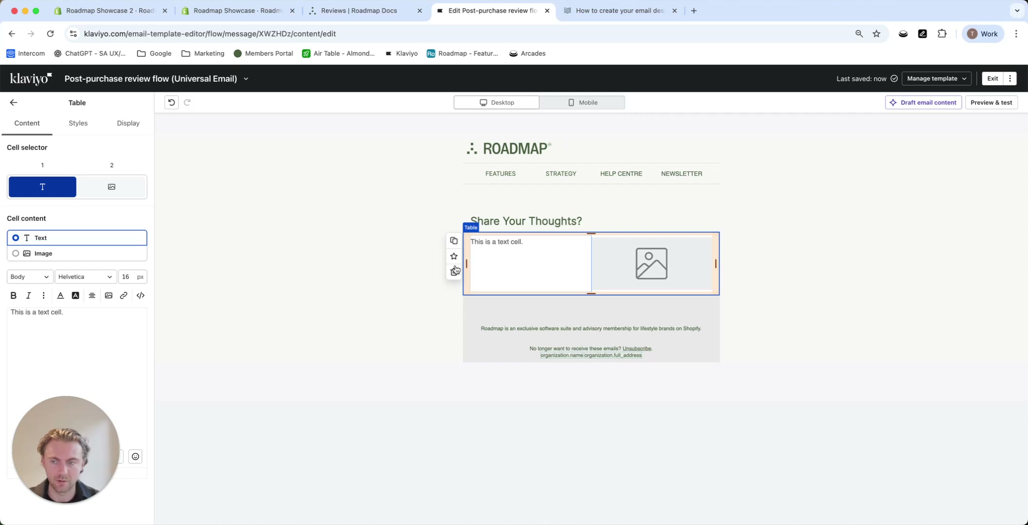 Klaviyo email editor with a Table block selected and the Content, Styles, and Display tabs visible