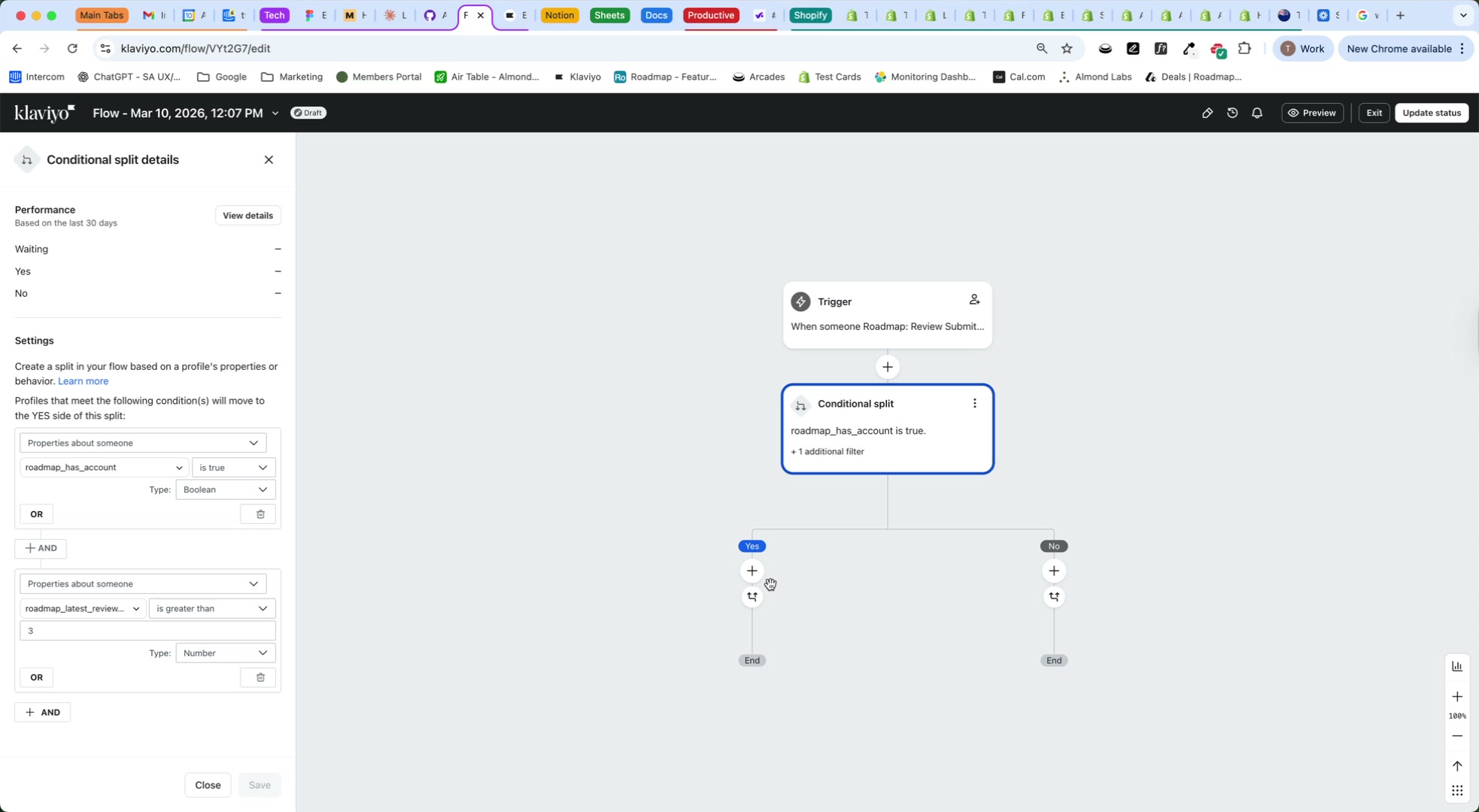 Conditional split configured with roadmap_latest_review_rating is greater than 3