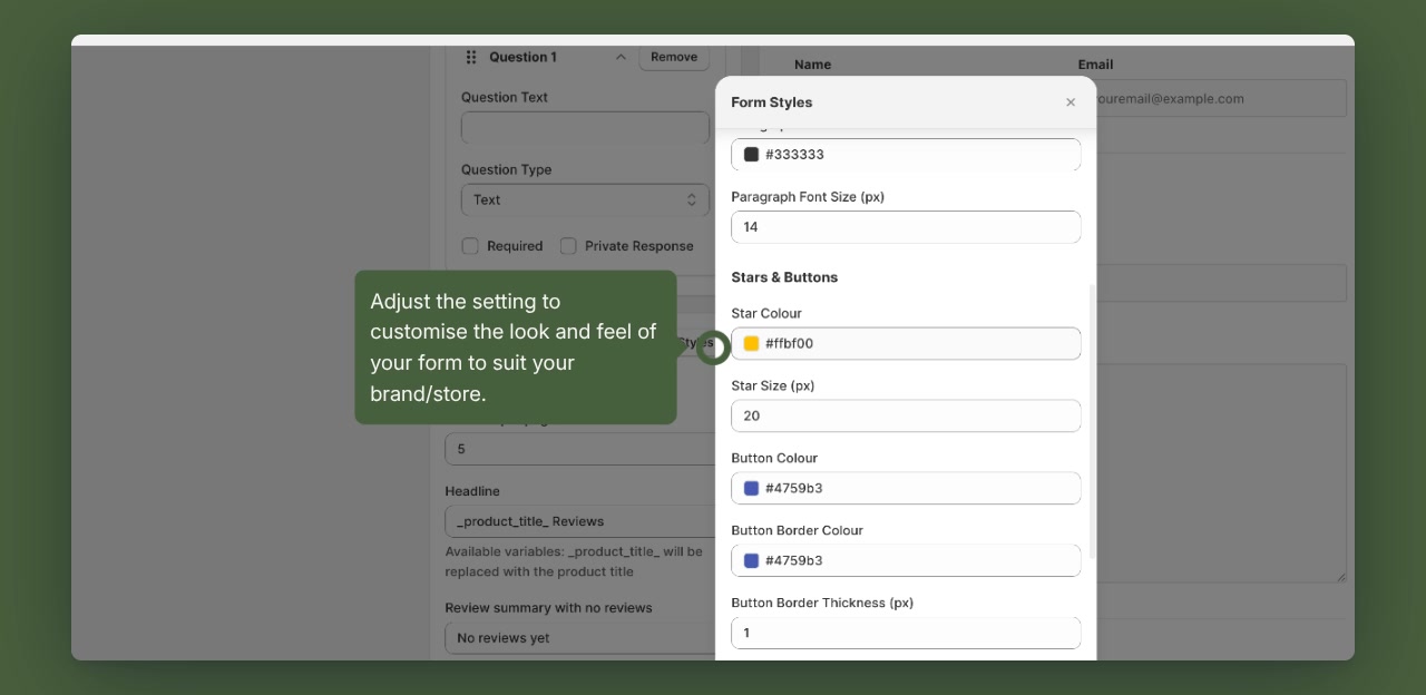 Form Styles panel in Roadmap with color and size settings