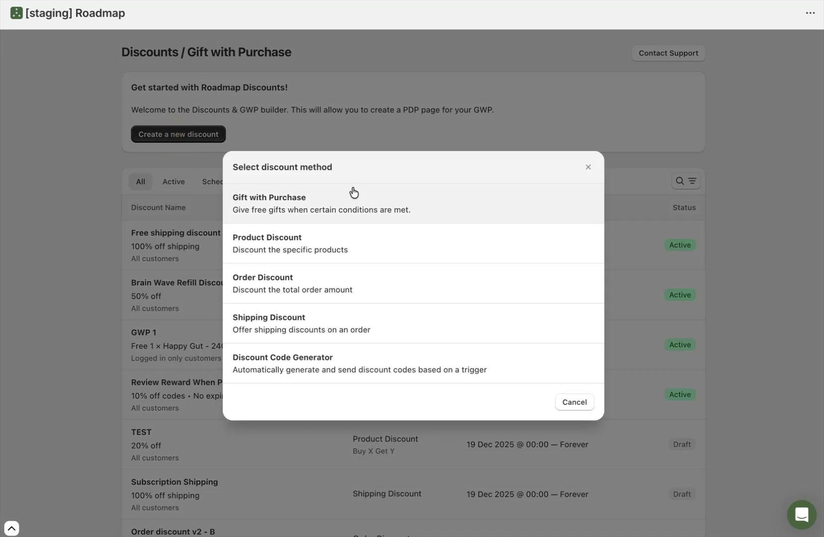 Select discount method modal showing Gift with Purchase, Product Discount, Order Discount, Shipping Discount, and Discount Code Generator