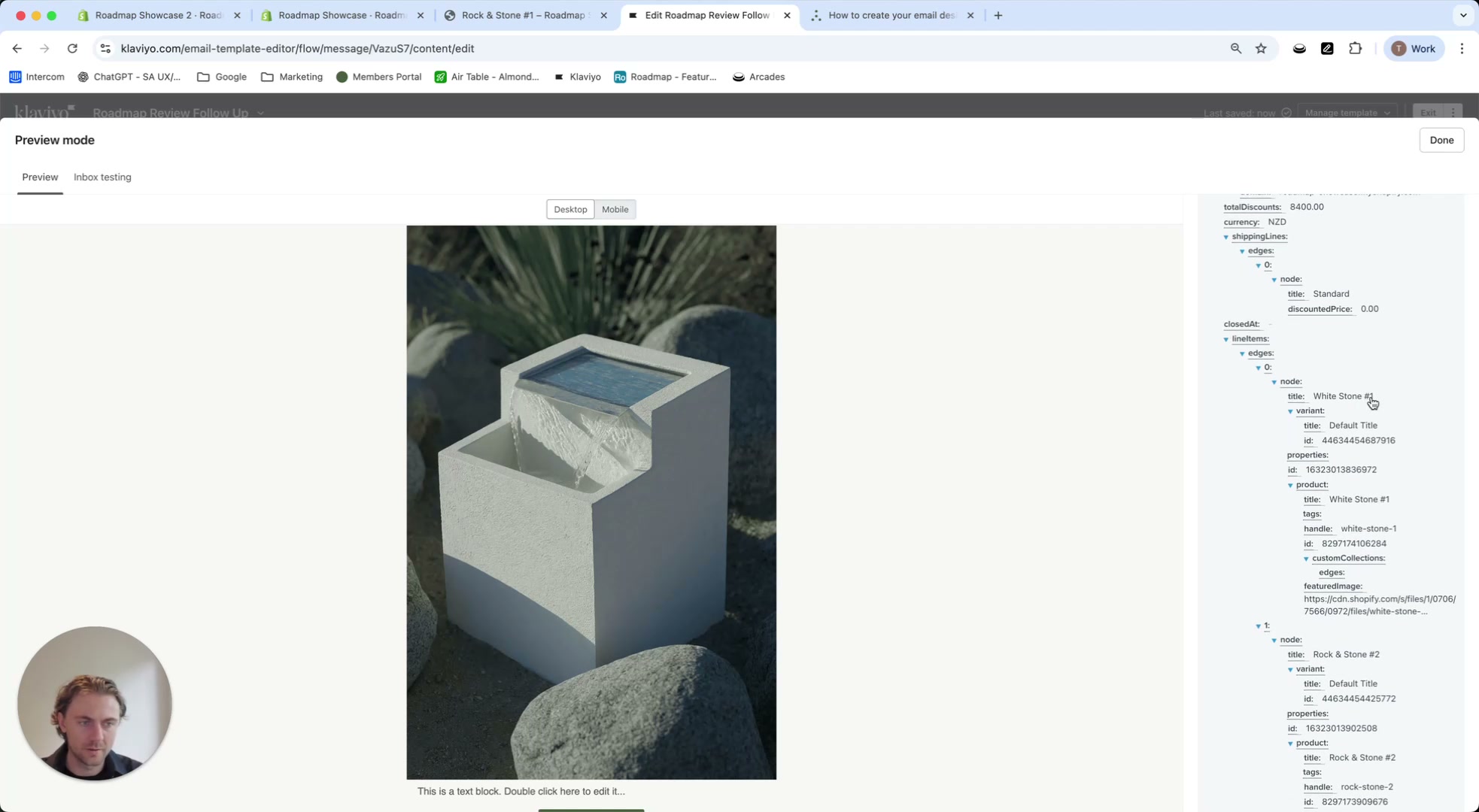 Preview mode showing a populated product image and order event properties