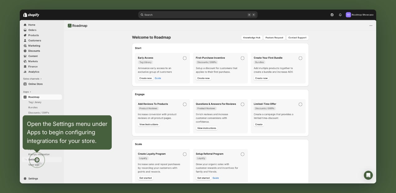 Shopify admin showing the Roadmap app with the Settings item highlighted