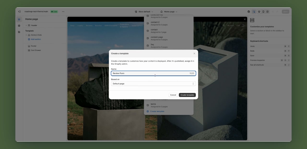 Create a template dialog with Review Form entered as the name