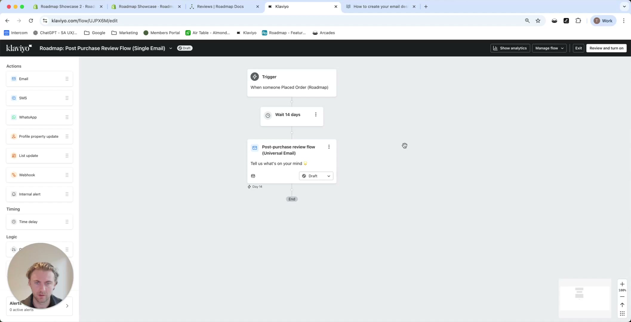 Klaviyo flow builder showing a post-purchase review flow with a Trigger, a Wait step, and an email step