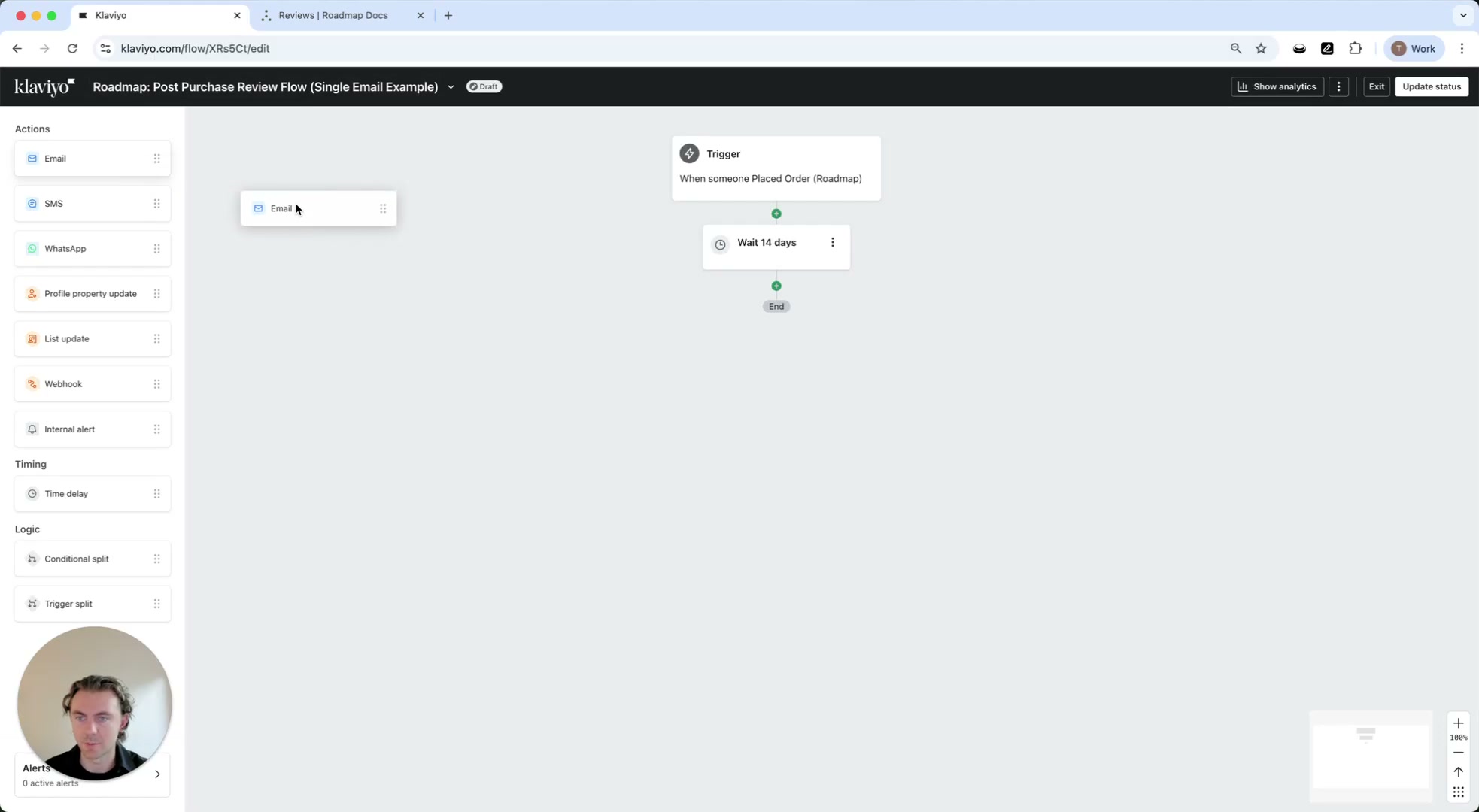 Flow canvas showing Trigger, Wait 14 days, and an Email action being added from the left Actions panel