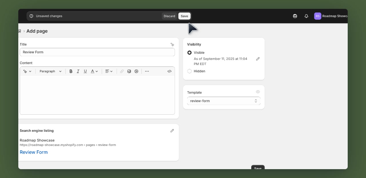Shopify page editor with Save highlighted