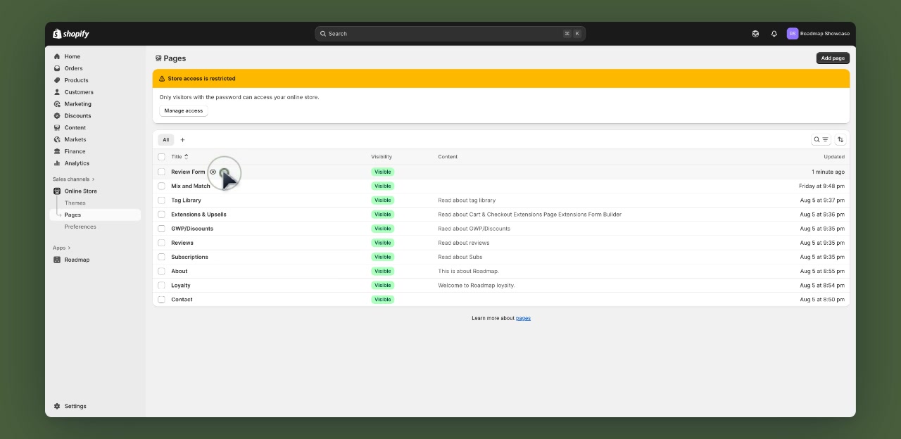 Shopify Pages list showing Review Form page
