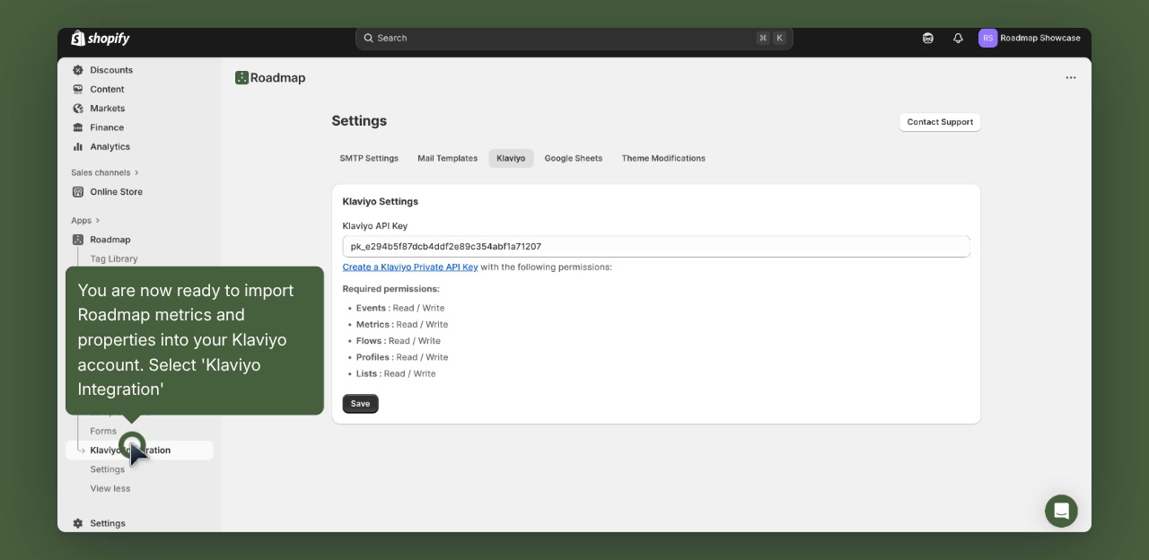 Roadmap in Shopify showing the Settings page and the Klaviyo Integration item in the left navigation
