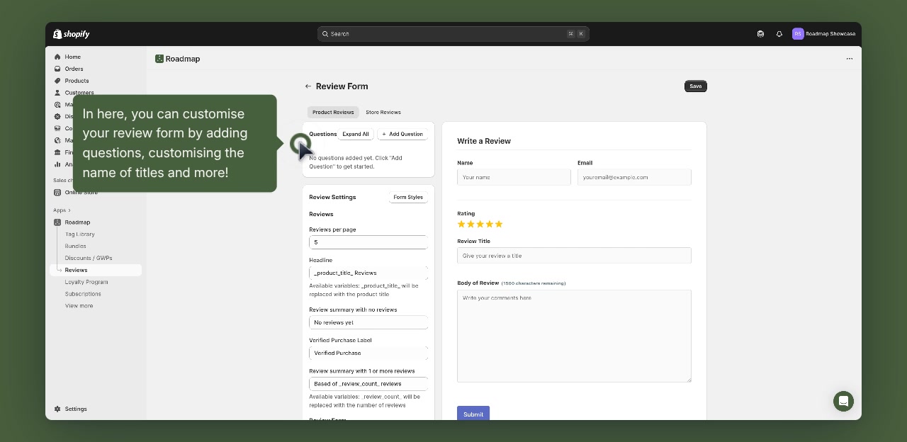 Roadmap app open on Reviews with Review Form editor visible