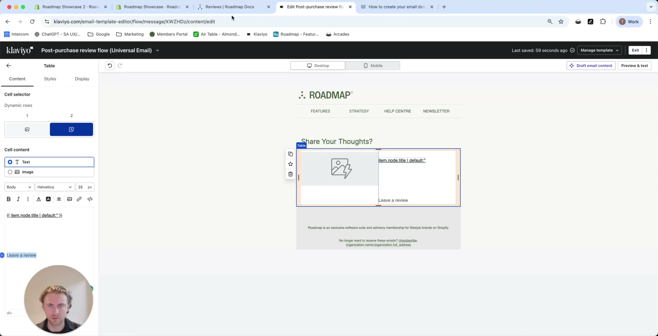 Email editor showing a dynamic table row with item title Liquid and a Leave a review call to action