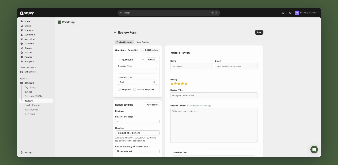 Review Form editor showing Question settings including Required and Private Response