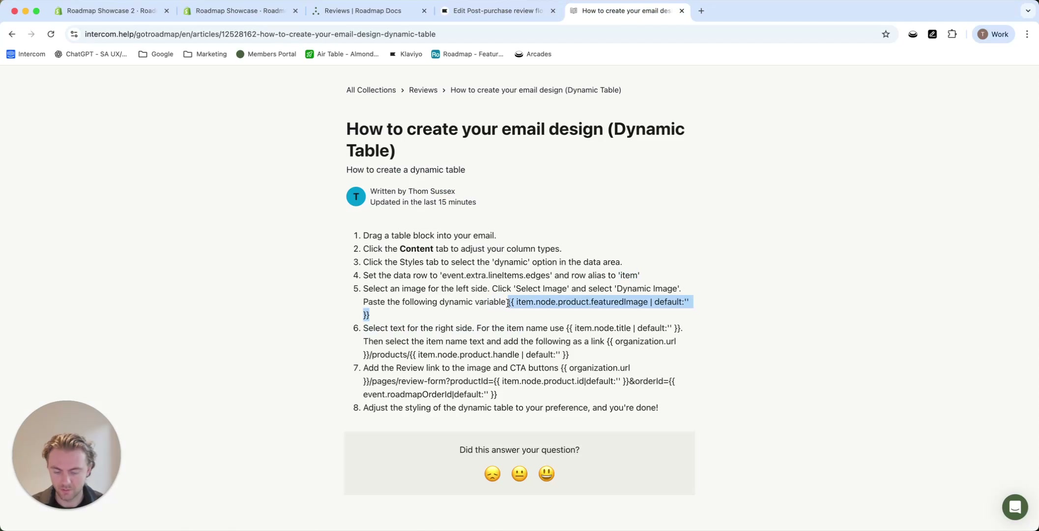 Help center page showing the dynamic table setup steps and Liquid snippets