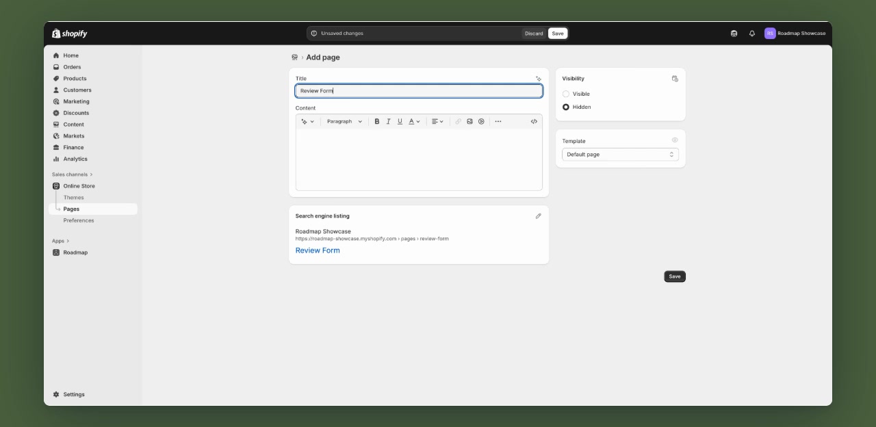 Shopify Add page editor with Review Form as the title