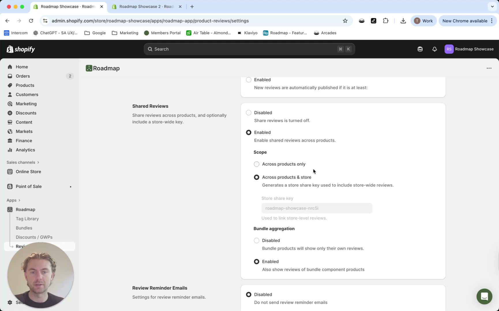 Settings page showing Shared Reviews enabled, Scope options, Store share key field, and Bundle aggregation enabled