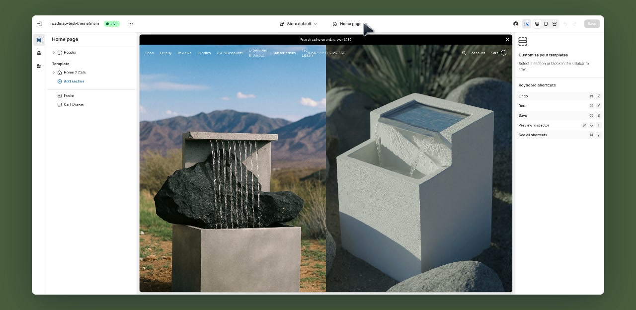 Shopify theme editor open with customization sidebar