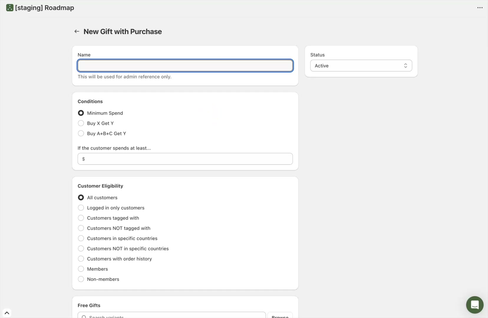 New Gift with Purchase form showing Name, Status, Conditions, and Customer Eligibility