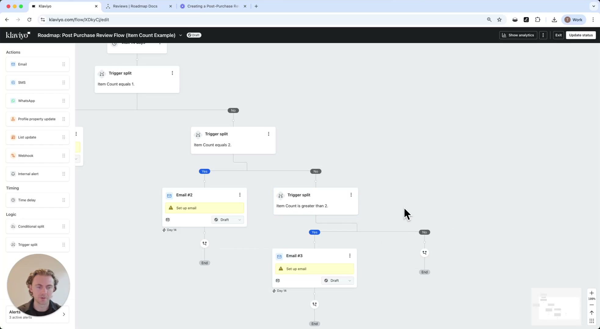 Klaviyo email editor showing message content and configuration options
