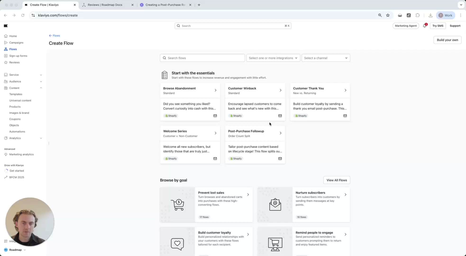 Klaviyo Create Flow page with essential templates and Browse by goal sections